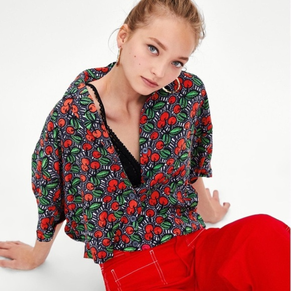 Zara Cherry Print Boxy Blouse